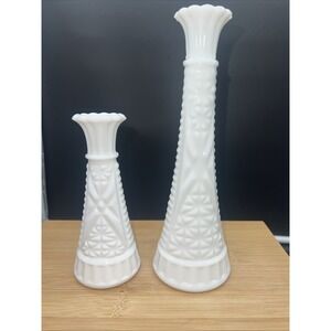 (2) Vintage Anchor Hocking White Milk Glass Stars and Bars Flower Bud Vases